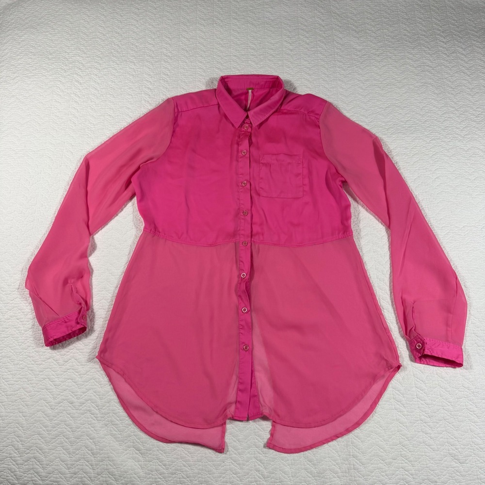 Free People Hot Pink Sheer Mixed Media Split Back Button Down Tunic Shirt Medium